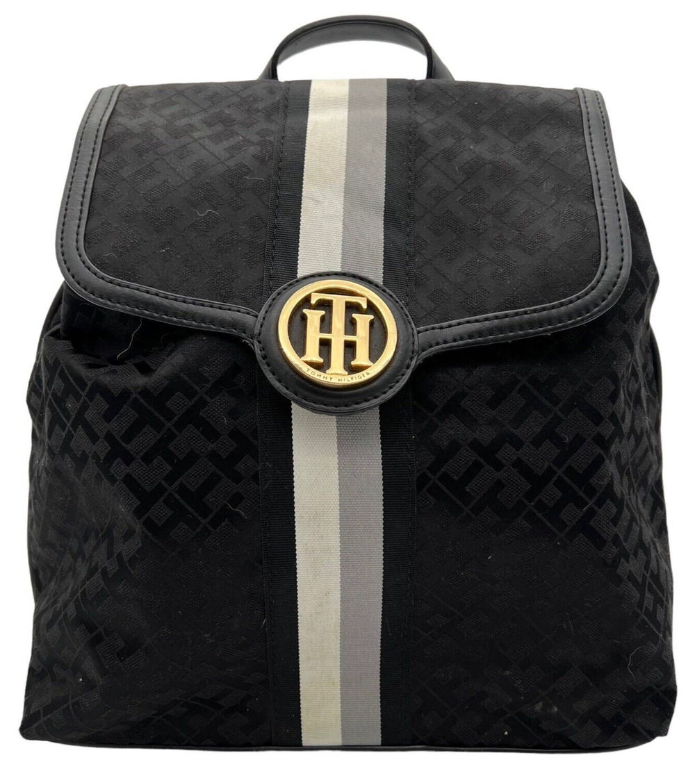 Tommy Hilfiger Backpack Purse Bag Black Jacquard TH Monogram Gold Metal Logo